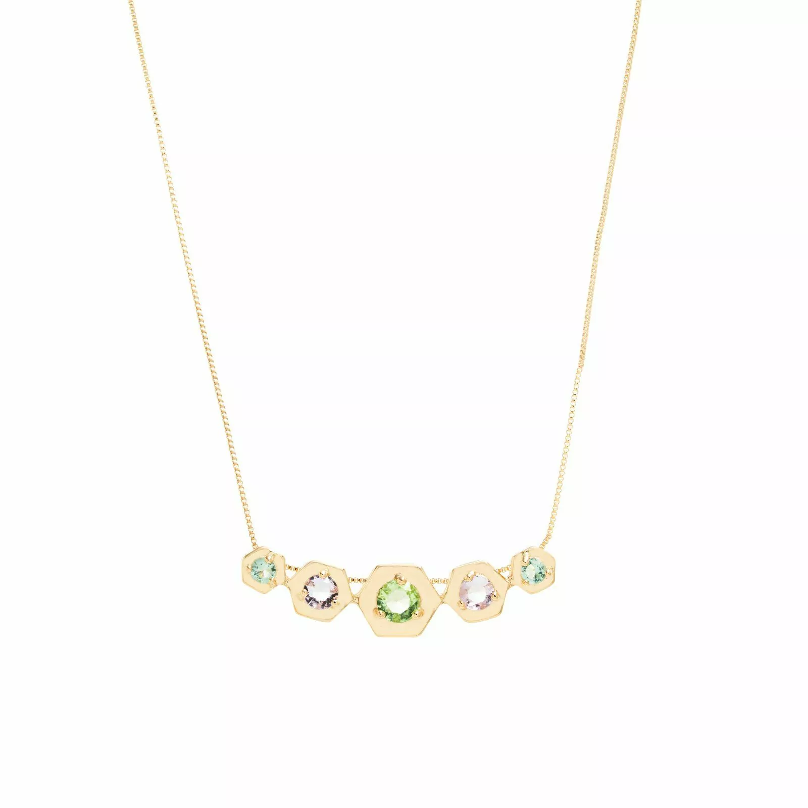 Colar Hexagono Cristal Berilo Banho de Ouro 18k Tam 55 cm